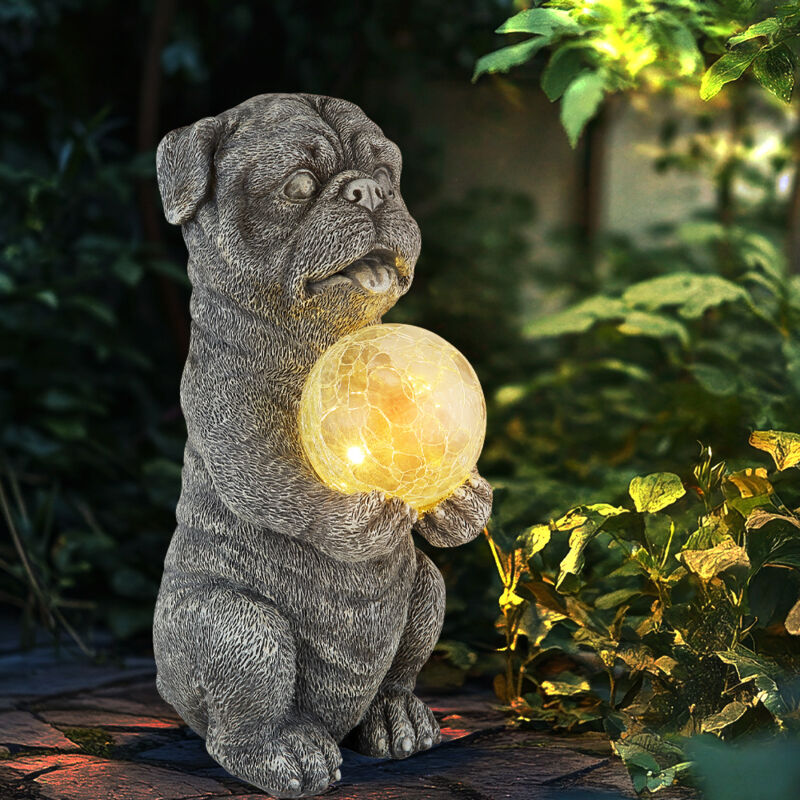 Solarleuchte Hund Gartendeko Tierfigur grau Solarlampe Kugel Bruchglas Hund, led warmweiß, LxBxH 17,5x13x29 cm
