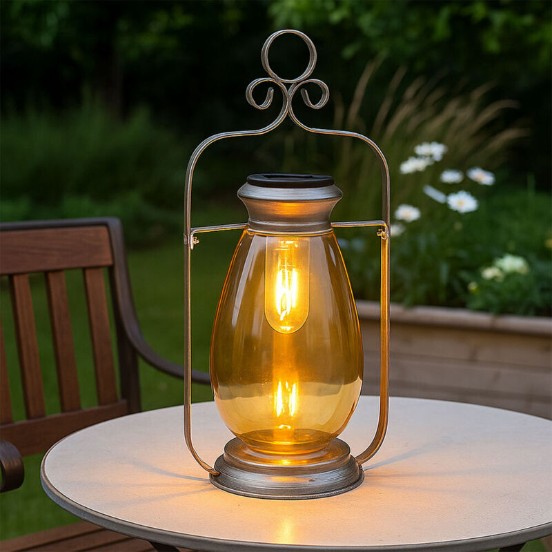 Led Solarleuchte Laterne Außenlampe Gartendeko Balkonlampe, Metall Glas amber silber, Akku IP44 Wetterfest, 3000K warmweiß, h 36,5 cm
