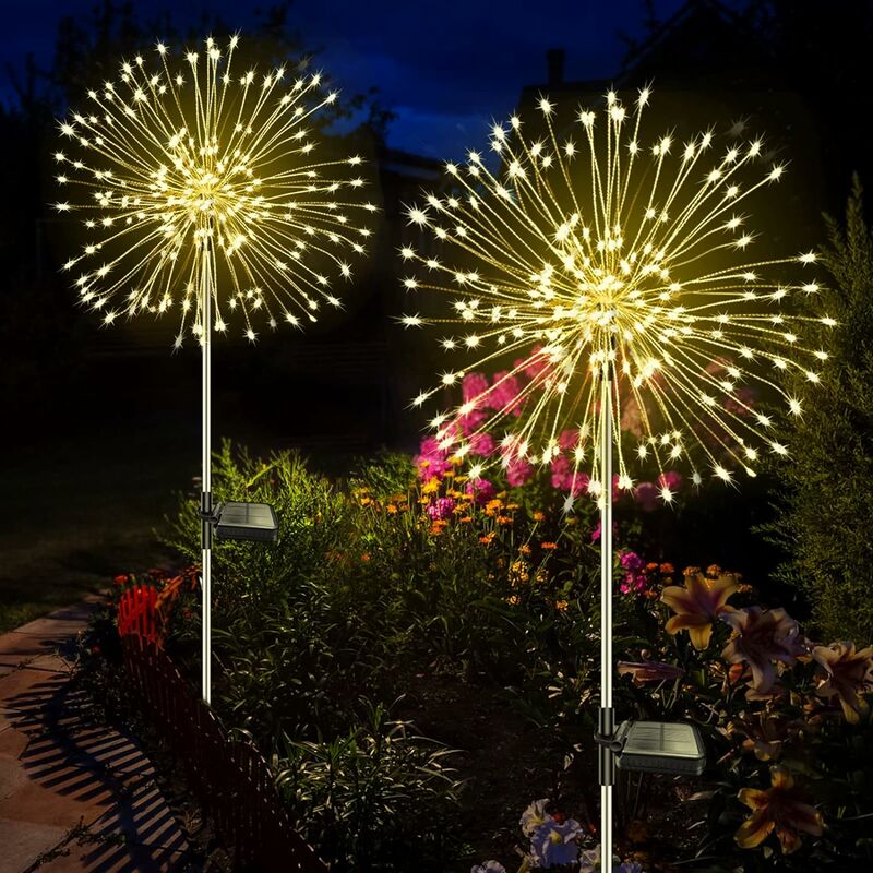 Solarleuchten für den Außenbereich, Garten, 2 Stück, 120 LEDs, Solar-Feuerwerk, 8 Modi, wasserdichtes Licht, Solar-Löwenzahnlampen für Garten, Rasen,