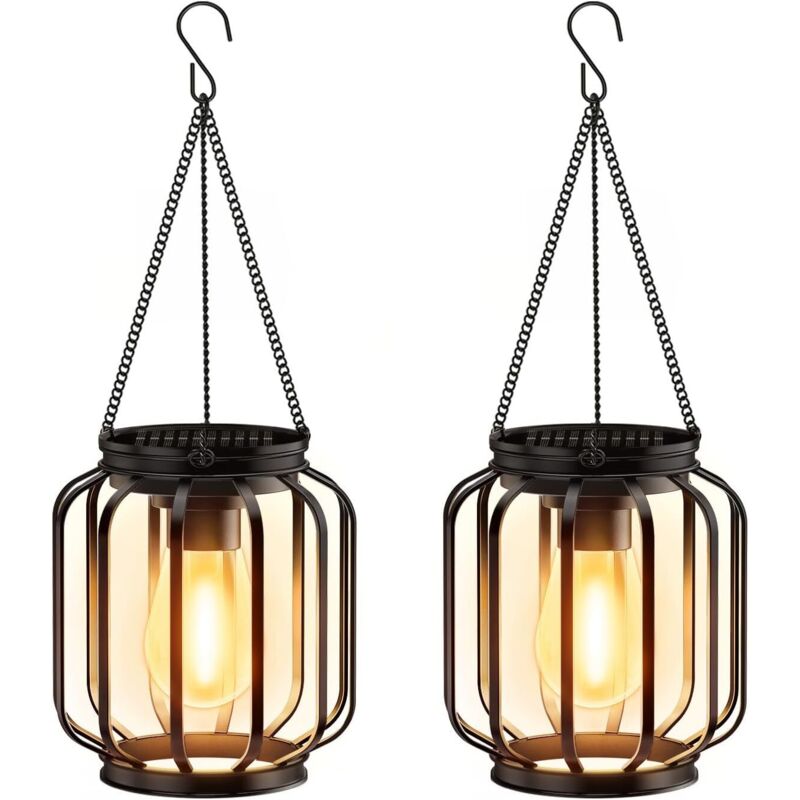 Solarleuchten Outdoor Garten Hängend, 2 Stück Solarlaterne Outdoor mit LED Birne, IP65 Wasserdicht Metall Solarleuchte Outdoor für Terrasse Rasen