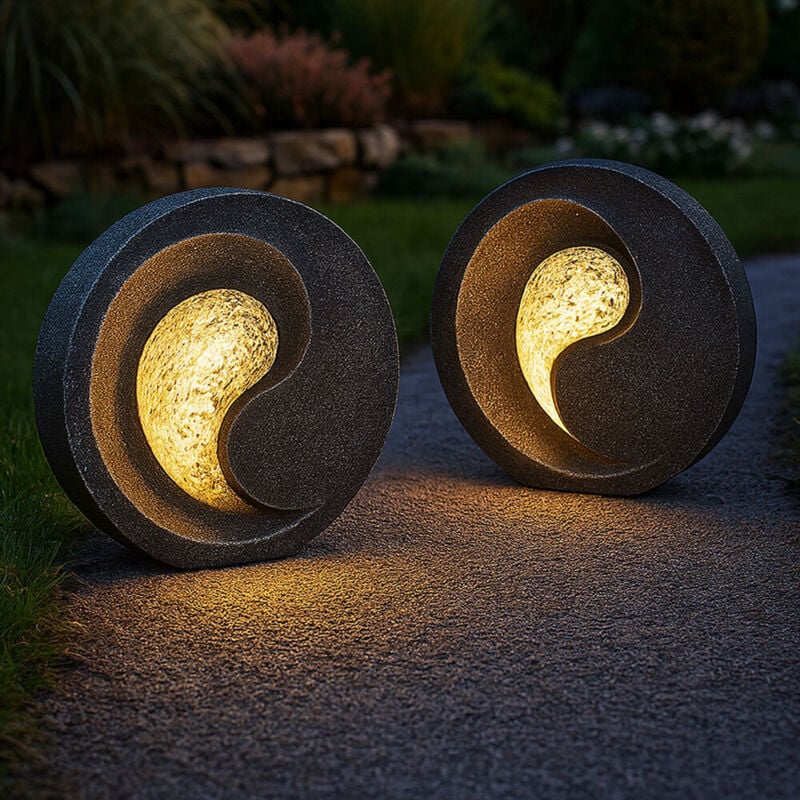 Solarleuchten Steinoptik für Außen Gartenskulptur für Außen Solarlicht Außen wetterfest Tischlampe Gartendeko, grau, Akku, led warmweiß, 2er Set