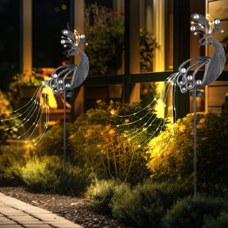 Solarstecker Garten Steckleuchte Solarlampe für Außen Gartendeko Pfau Design, Metall Kunststoff, LED 3000K, LxBxH 17,5x4,5x88 cm, 2er Set