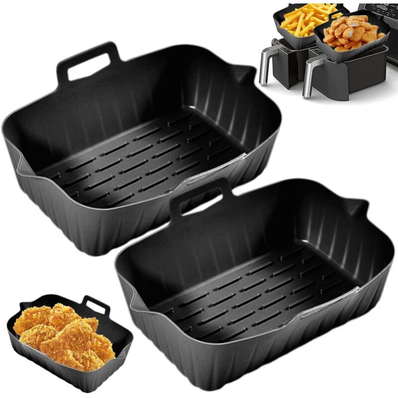 2er-Pack Silikon-Luftfritteusen-Topf mit Griff, wiederverwendbarer Luftfritteuse-Einsatz, hitzebeständiger Silikonkorb, rechteckiges Backblech,