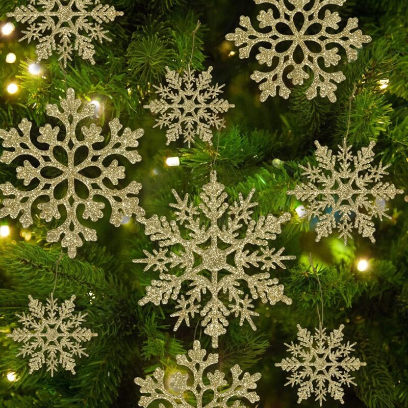 Sollbry 36 Stück weihnachtliche goldene Schneeflocken-Ornamente, glitzernde Schneeflocken-Ornamente aus Kunststoff für den
