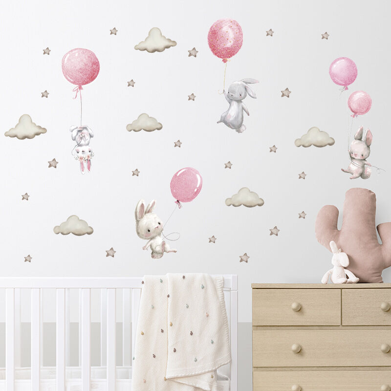 Sollbry Aquarell rosa Ballon Kaninchen Wolke Wandaufkleber für Kinderzimmer Baby Kinderzimmer Raumdekoration PVC Wandaufkleber