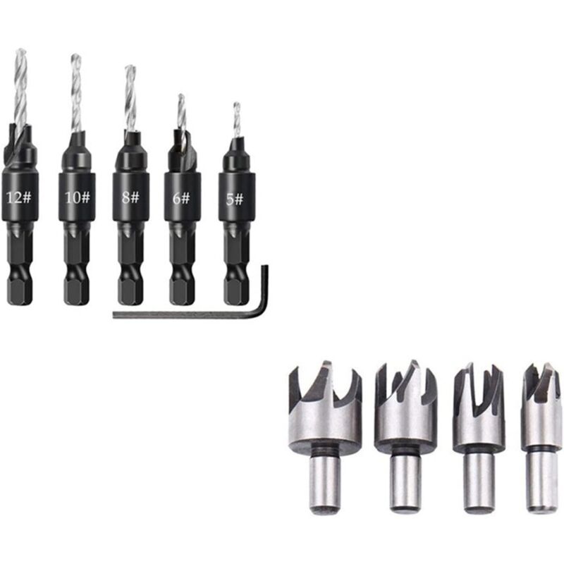Sollbry - Bohrer für Holzbearbeitung – gerader und konischer Bohrersatz, 5/8 Zoll, 1/2 Zoll, 3/8 Zoll, 1/4 Zoll, Korkbohrer für Holzbearbeitung