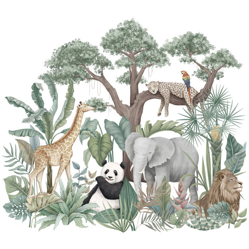 Sollbry - Cartoon-Dschungel-Tiere-Wandaufkleber, Elefant, Giraffe, Panda, Leopard, grüne Pflanzen, Tiere, Tapetenaufkleber für Kinder, abnehmbare