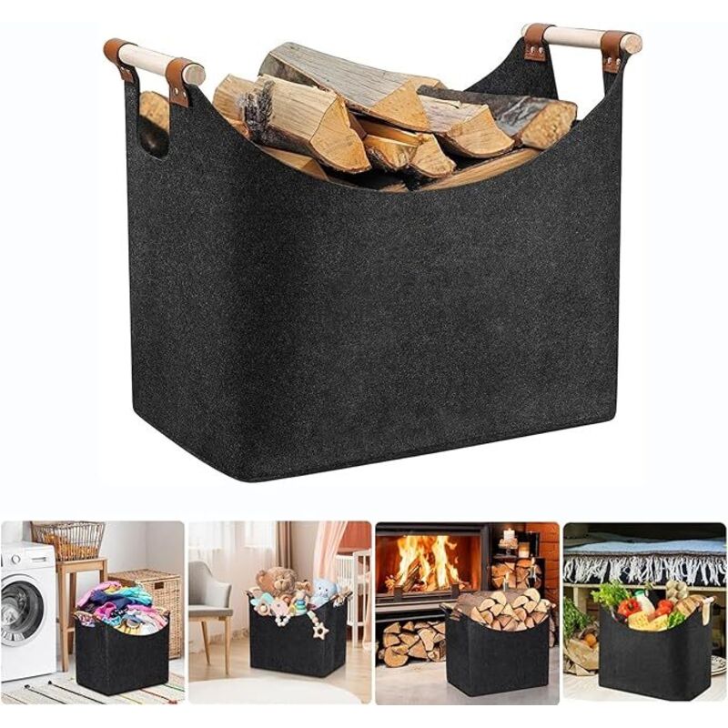 Filz-Brennholzkorb mit Holzgriff, extra dicke Tasche für Innen- und Außenkamin, faltbarer Filzkorb für Holz, Holzscheite, Brennholz oder Einkäufe