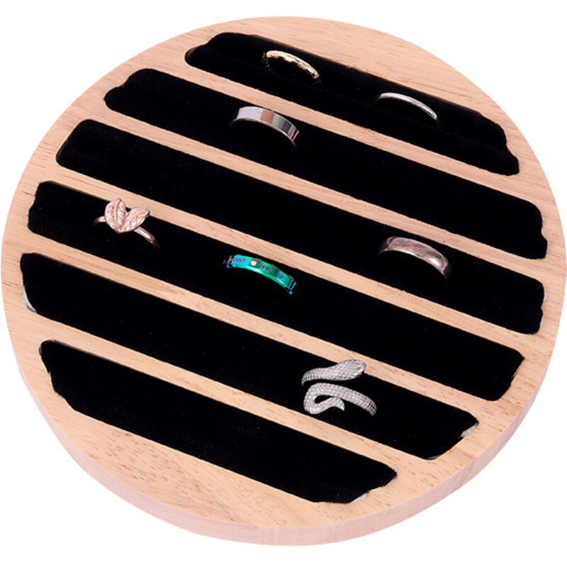 Sollbry Holz-Schmuck-Display-Tablett, 6 Fächer, Ring-Ohrring-Display-Halter, Aufbewahrung, schwarzer Ledereinsatz, Schmuck-Organizer,