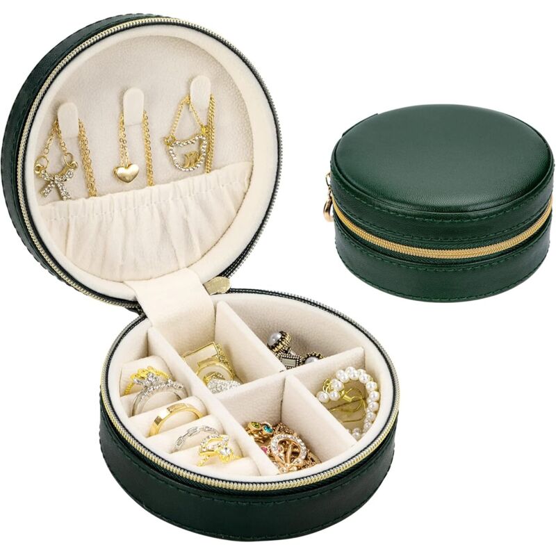 Sollbry - Schmuckkästchen, rund, Reise-Schmucketui, kleiner Schmuck-Organizer aus PU-Leder mit Reißverschluss, Schmuck-Aufbewahrungsboxen für Ringe,
