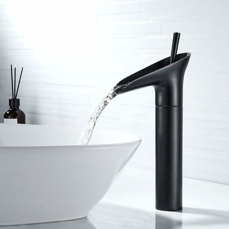 Schwarzer Badezimmer-Wasserhahn, Einhand-Wasserfall-Wasserhahn, schwarzer Einhebel-Waschtisch-Wasserhahn im Retro-Stil, hoher Waschtisch-Wasserhahn