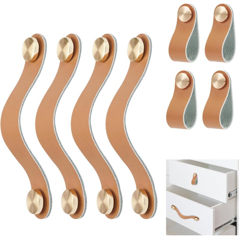 Set mit 4 Küchentürgriffen, Vintage-Leder-Schrankgriff, Leder-Türknauf, Messingschnalle mit Schrauben, Leder-Schrankgriffe, Ledergriff für Schränke,