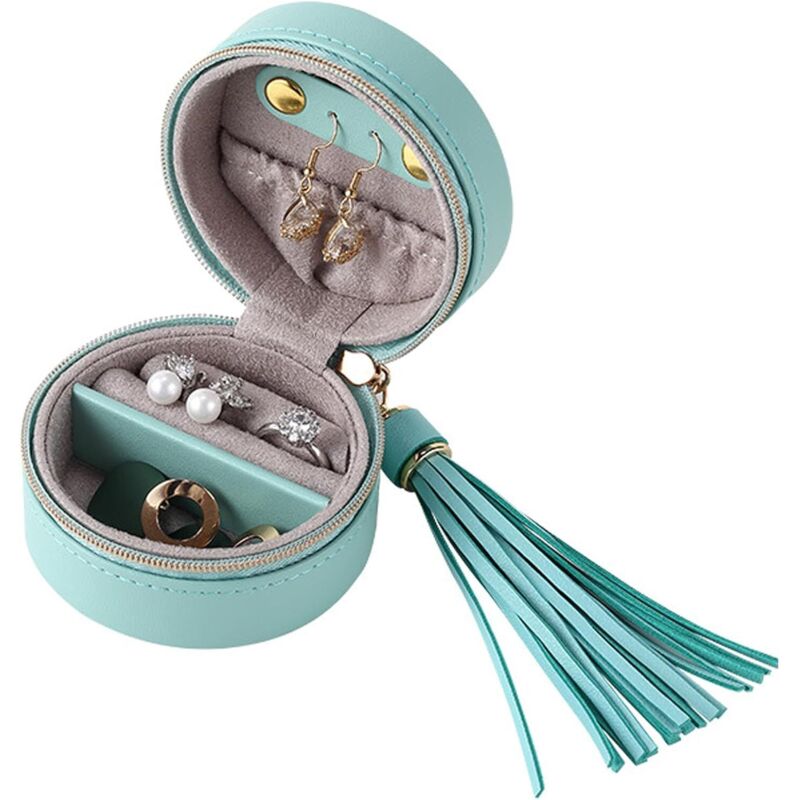 Sollbry - Tragbare Reise-Schmuckschatulle, rund, Leder, Mini-Schmuck-Organizer, Reise-Organizer mit Reißverschluss, Präsentationsbox für Ohrringe,