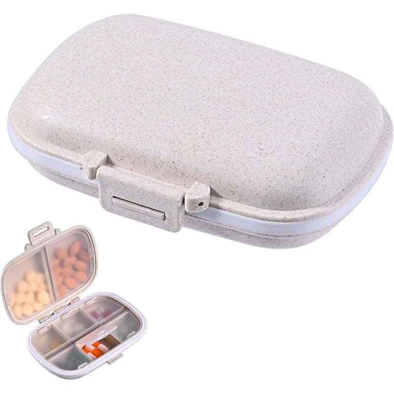 Sollbry Tragbarer Pillen-Organizer mit 8 Fächern für unterwegs, kleine beige Box für den Geldbeutel, kompakter Behälter für Medikamente und Vitamine.