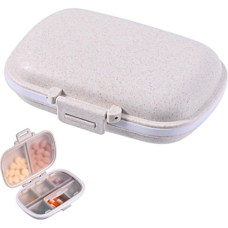 Sollbry Tragbarer Pillen-Organizer mit 8 Fächern für unterwegs, kleine beige Box für den Geldbeutel, kompakter Behälter für Medikamente und Vitamine.