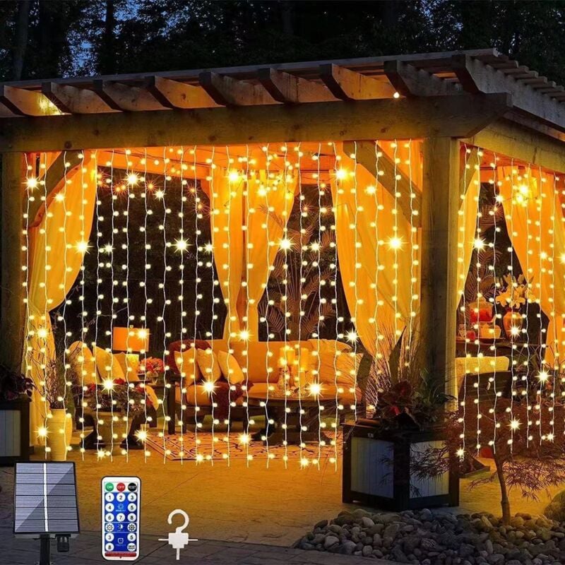 Sonnenenergie led Lichtervorhang Außen 3x3 m, Lichterkette Vorhang Weihnachten Innen mit 8 Modi und Memory, Weihnachtsbeleuchtung Outdoor Garten,