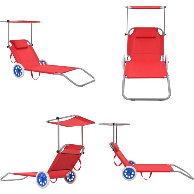 Vidaxl - Sonnenliege Klappbar mit Sonnenschutz und Rädern Stahl Rot - Klappliege - Sonnenliege - Gartenliege - Rattan Möbel - Outdoor Möbel - Home &