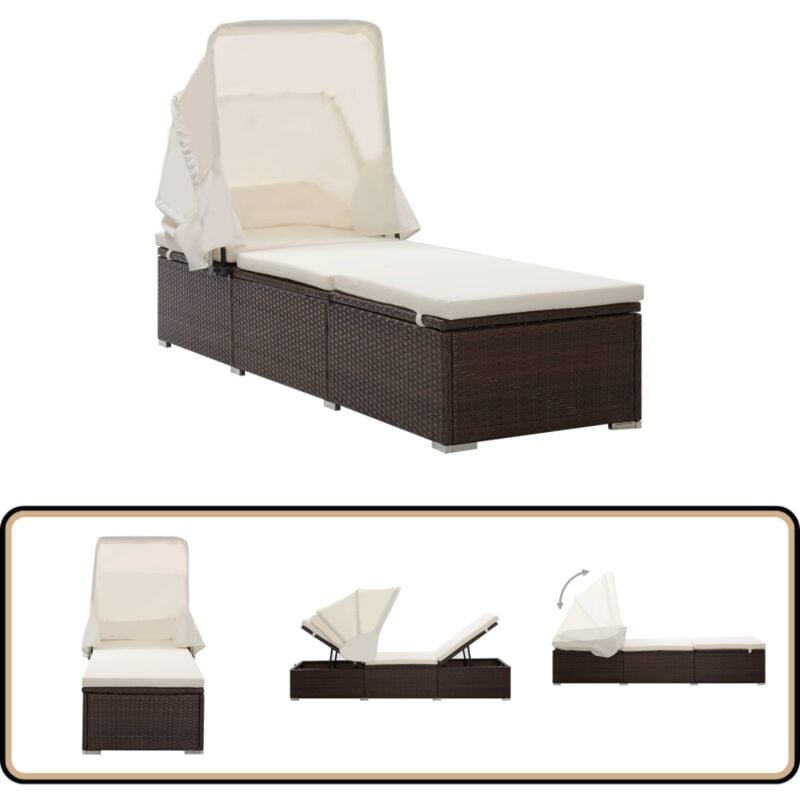 Sonnenliege mit Dach und Kissen Poly Rattan Braun - Sonnenliege - Gartenliege - Liege - Outdoor Möbel - Rattan Möbel