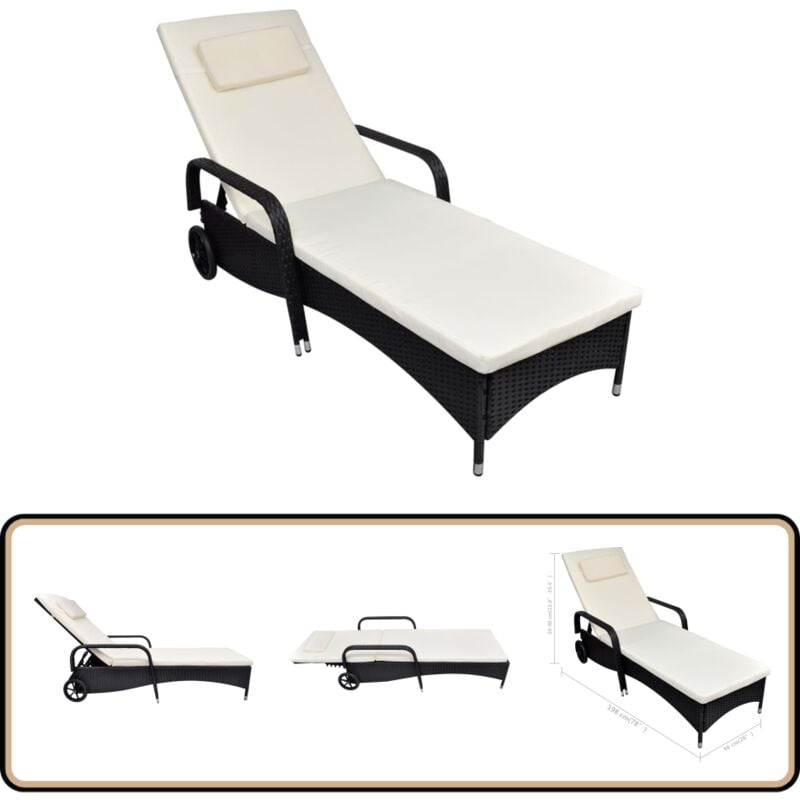 Sonnenliege mit Polster & Rollen Poly Rattan Schwarz - Sonnenliege - Relaxliege - Gartenmöbel - Rattan Möbel - Outdoor Möbel