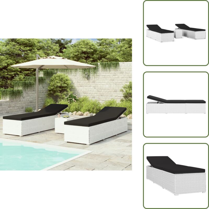 3-tlg. Garten-Sonnenliegen mit Teetisch Poly Rattan Weiß - Sonnenliege - Gartenmöbel - Lounge Möbel - Rattan Gartenmöbel - Outdoor Möbel