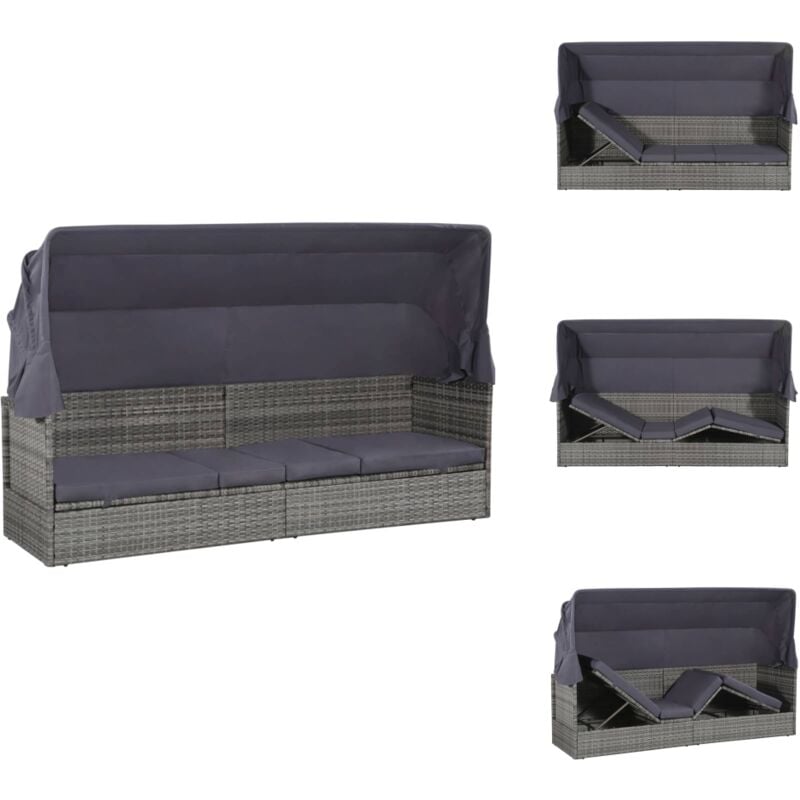 Gartenbett mit Baldachin Grau 205×62 cm Poly Rattan - Strandkorb - Gartenmöbel - Sonnenliege - Rattan Möbel - Outdoor Möbel