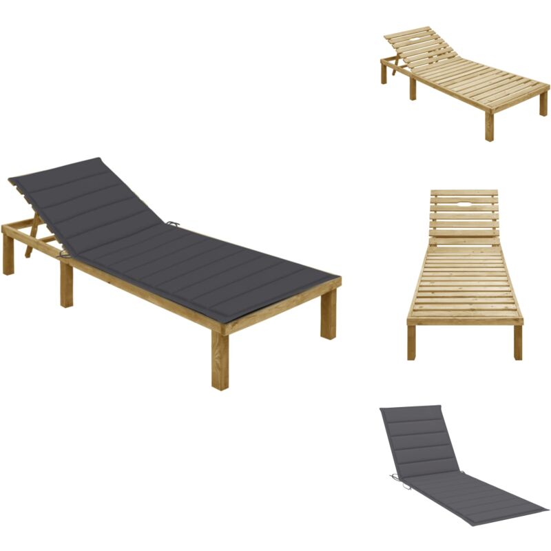 Sonnenliege mit Anthrazit Auflage Imprägniertes Kiefernholz - Gartenliege - Holzgartenmöbel - Sonnenschirm - Outdoor Möbel - Balkonmöbel
