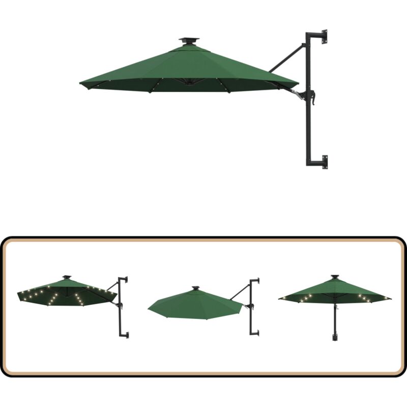 Sonnenschirm zur Wandmontage mit LEDs 300 cm Grün - Wand Sonnenschirm - Gartenschirm - Sonnenschutz - Outdoor Beleuchtung - led Licht