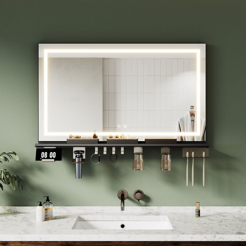 SONNI Badspiegel mit LED Beleuchtung Ablage, Antibeschlag, 3-Farben Beleuchtung und Einstellbare Helligkeit, 1000×600, 4-Seitige Lichtleiste