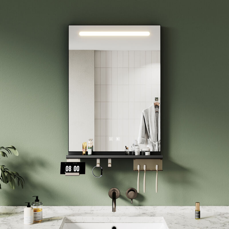 SONNI Badspiegel mit LED Beleuchtung Ablage, Antibeschlag, 3-Farben Beleuchtung und Einstellbare Helligkeit, 500×700, Obere Lichtleiste