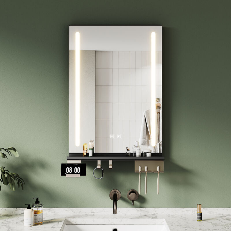 SONNI Badspiegel mit LED Beleuchtung Ablage, Antibeschlag, 3-Farben Beleuchtung und Einstellbare Helligkeit, 500×700, Doppelseitige Lichtstreifen