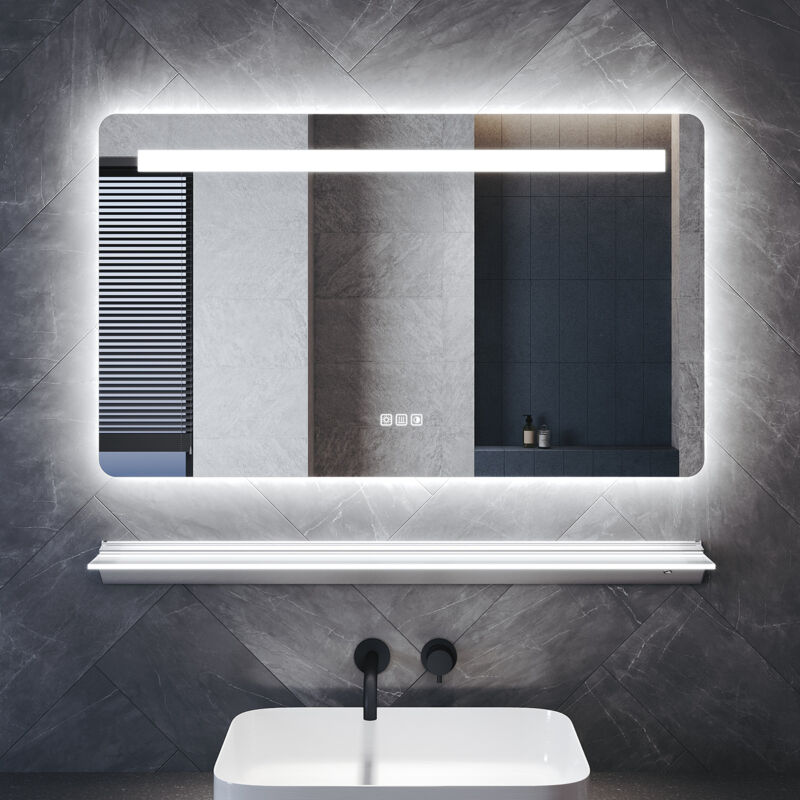 SONNI Antibeschlag Badspiegel mit Beleuchtung und Beleuchteter Ablage, 100×60cm Quadrat Badezimmerspiegel mit Doppel-LED-Beleuchtung 3 Lichtfarben