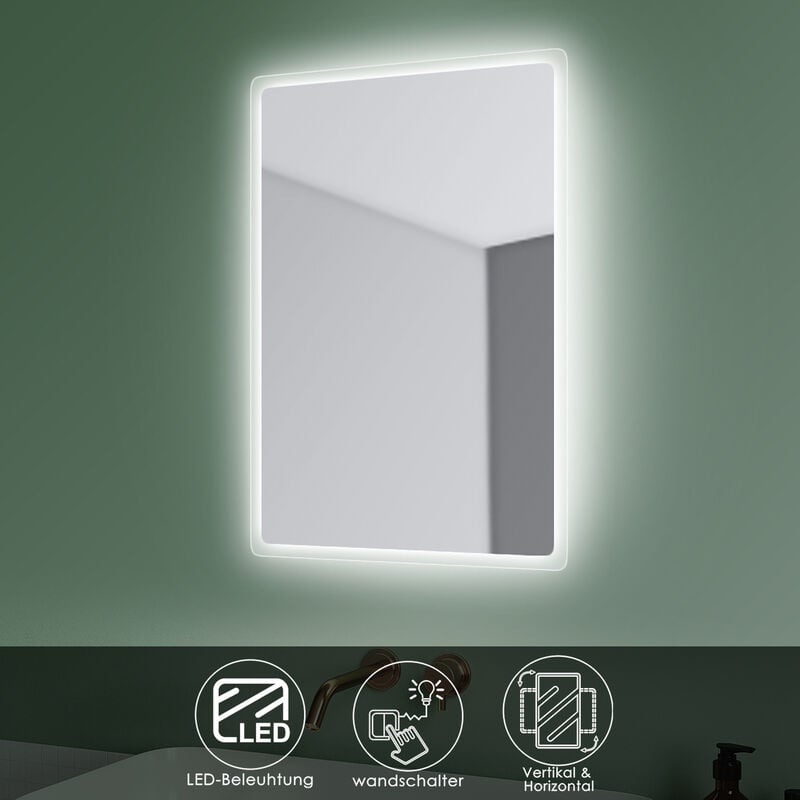 Badspiegel Led Beleuchtung Badezimmerspiegel mit led Kaltweißer Beleuchtung 60x40 cm Vertikal/Horizontal Wandschalter Schutzklasse IP44 - Sonni
