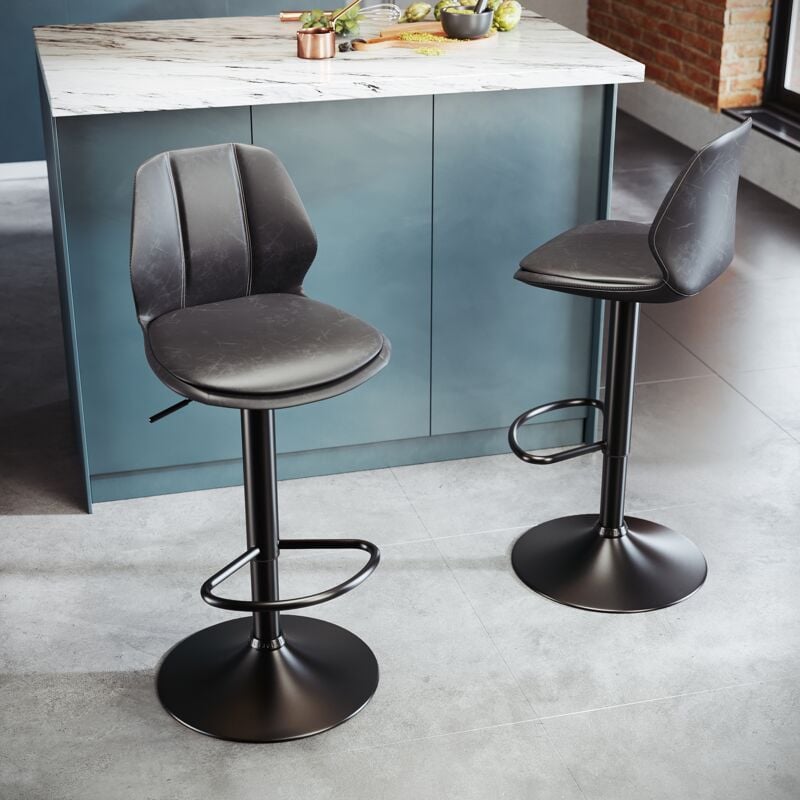 Barhocker 2er Set Barhocker Küchenhocker Bistro-Hocker mit Rückenlehne und Fußstütze Design Belastbar 120 kg Höhenverstellbar, Grauer Sitz + Schwarze