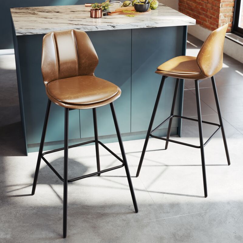Barhocker 2er Set Barhocker Küchenhocker Bistro-Hocker mit Rückenlehne und Fußstütze Design Belastbar 130 kg, Brauner Sitz + Schwarze Beine - Sonni