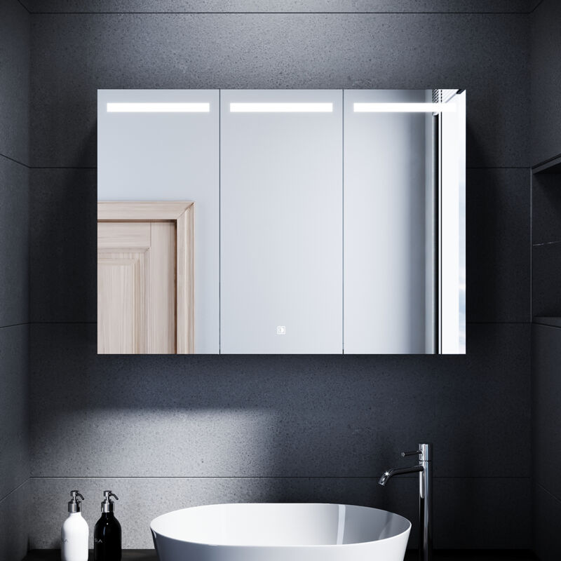 SONNI Edelstahl LED Spiegelschrank mit Beleuchtung 90x65cm, 3 Lichtfarben Dimmbar, Drahtloses Scharnier Design, Dreitüriger Spiegelschrank