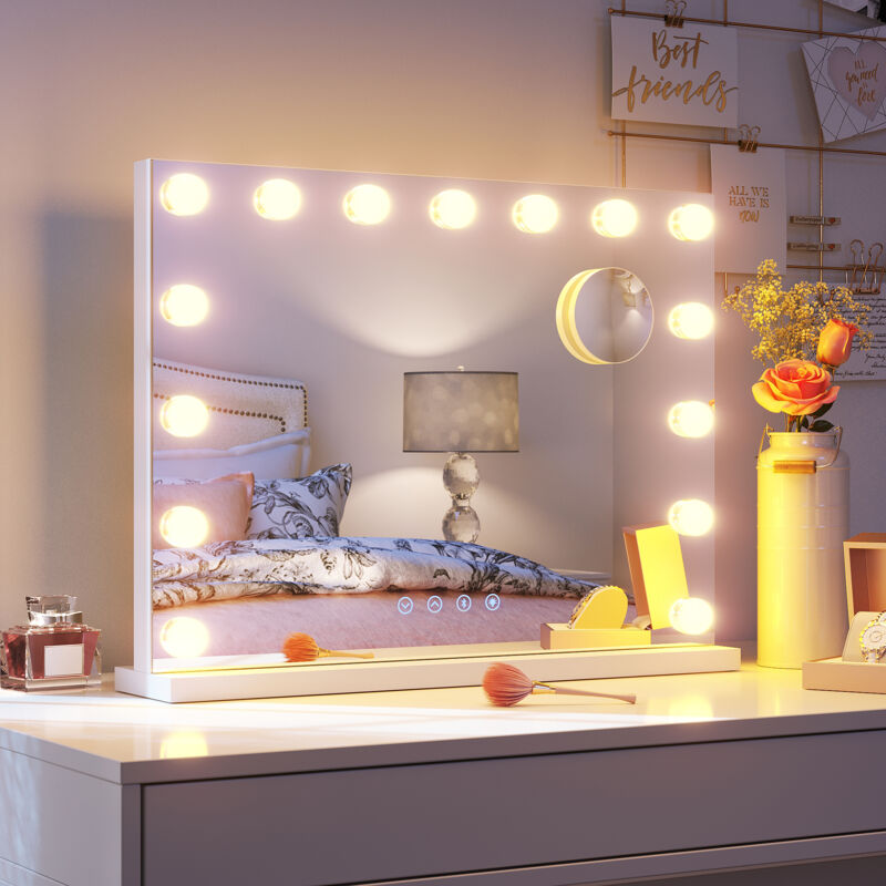 Hollywood Spiegel mit Beleuchtung mit Bluetooth, 15 Dimmer Leuchten 3 Lichtmodus Schminkspiegel mit Beleuchtung, USB-Funktion und Lupe 58×45 cm