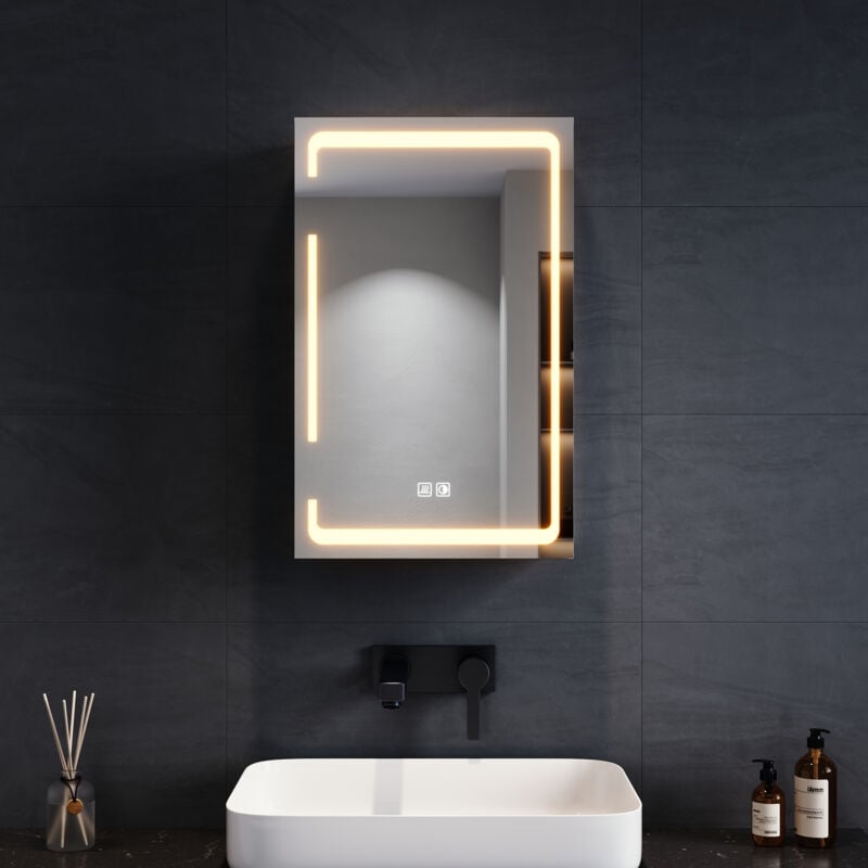 LED-Spiegelschrank mit Beleuchtung, 3 Lichtfarben Dimmbar, Bad-Hängeschränke mit Kabellosem Scharnierdesign und Steckdose, Eintüriger Spiegelschrank