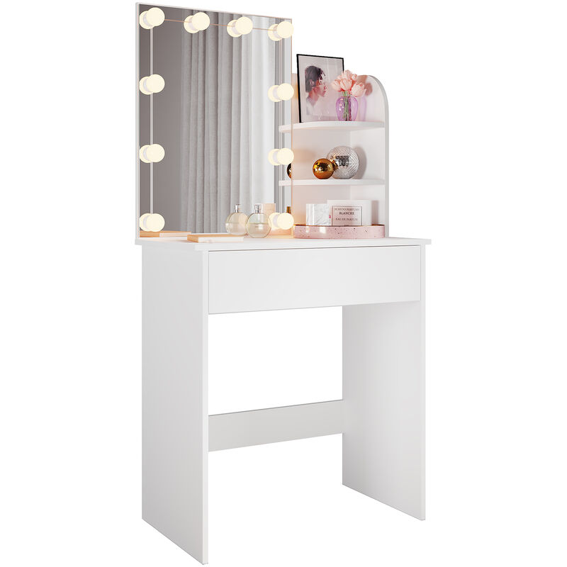 Schminktisch mit einer geräumigen Schiebeschublade 70x40x140cm Schminktisch mit LED-Beleuchtung in 3 Farben Weiß - Sonni
