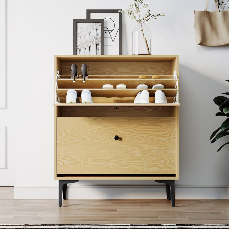 Schuhschrank mit 3 Klappen Schuhschrank Hoch Schuhschrank Schmal 95x30x80cm Holzimitation Farbe für Eingang Flur - Sonni