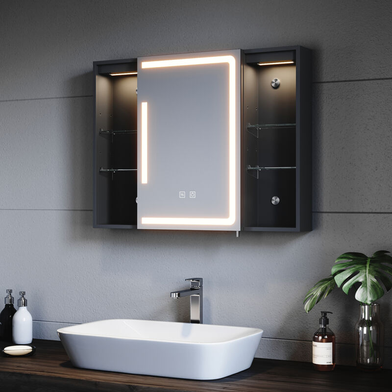 Spiegelschrank Bad mit Beleuchtung und Steckdose led Spiegelschrank mit Touch-Schalter, 3 Einstellbare Lichtfarben Beschlagfrei, Mit Ablagefläche