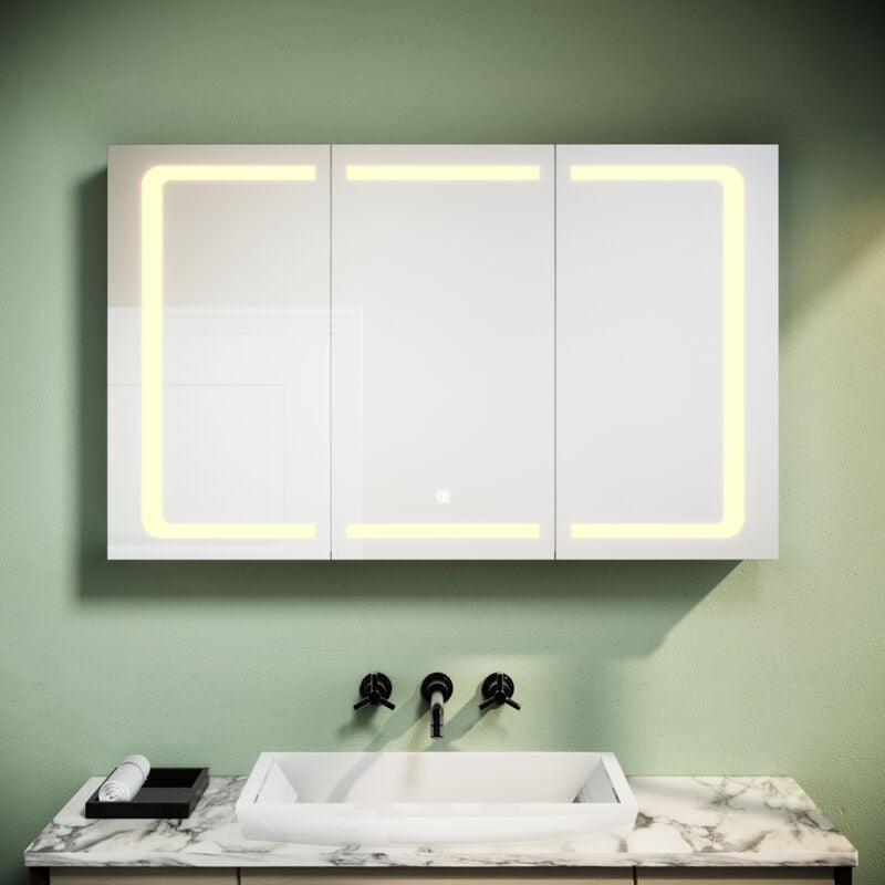 Spiegelschrank mit led Beleuchtung 3 Einstellbare Lichtfarben 105x65x13cm 3 türig Edelstah Spiegelschrank led mit Beleuchtung mit Touch Steckdose