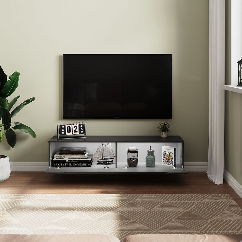 Sonni - tv Board Möbel Hängend tv Schrank Board mit 2 Klapptüren Schwarz Hochglanz mit Einstellbar led Beleuchtung 140x35x30cm