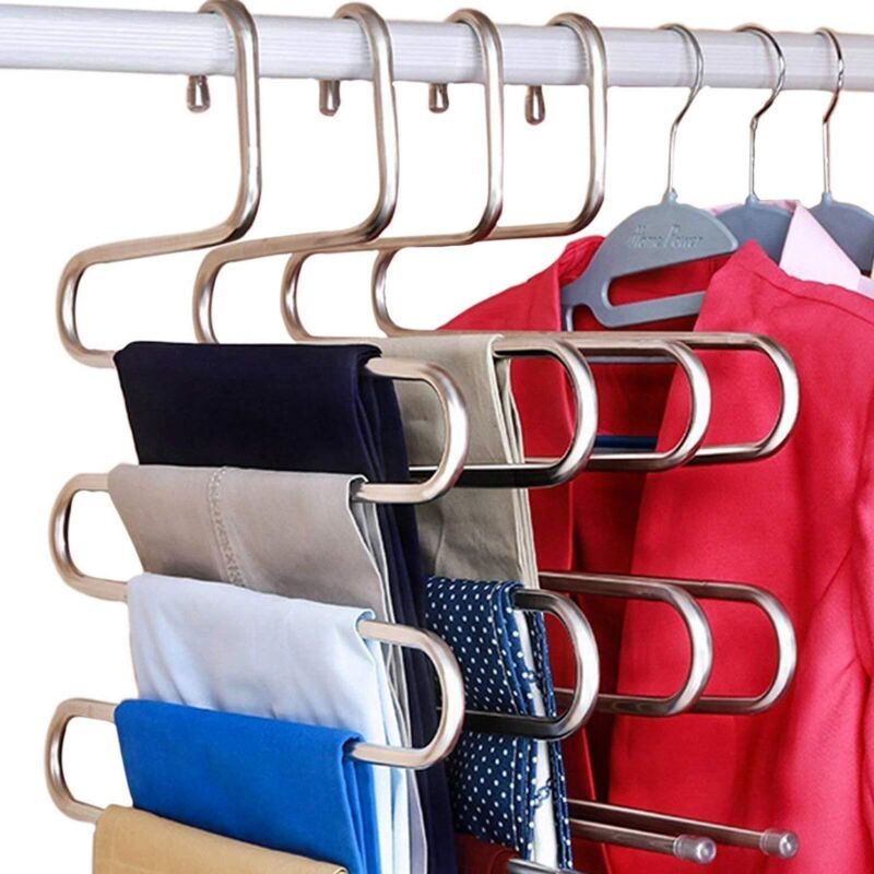 Space Saving Pants Hanger, Type-S Heavy Duty Stainless Steel for Hanging Pants, Jeans and Scarves (14.17 x 14.96ins) (4Pcs )