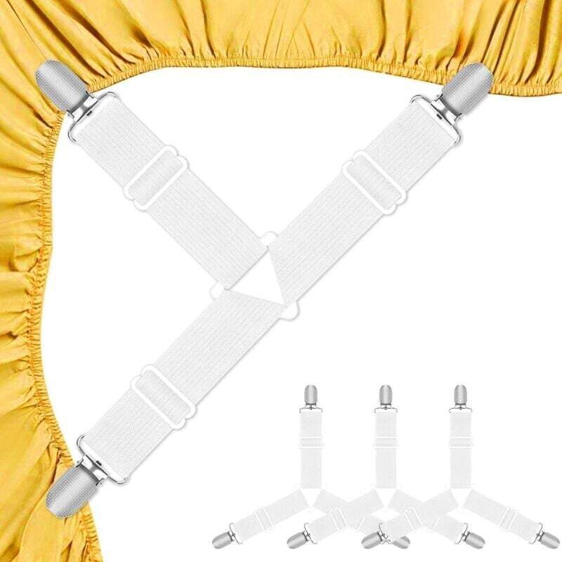 Spannbettlaken-Befestigungselemente, 4er-Set weiße Spannbettlaken-Bänder, verstellbare Gummibänder mit Metallclips für Bettlaken, Matratzenbezüge,