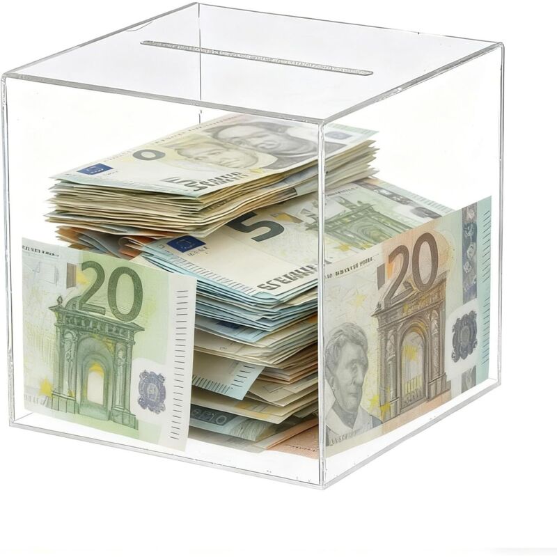 Spardose ohne Öffnung, 15 x 14,8 x 14,8 cm, Acryl-Spardose, transparent, ohne Öffnung, für Banknoten