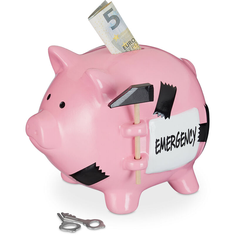 Relaxdays - Sparschwein mit Hammer, Emergency Aufschrift, abschließbare Spardose, Keramik, hbt: 14,5 x 15,5 x 20 cm, rosa
