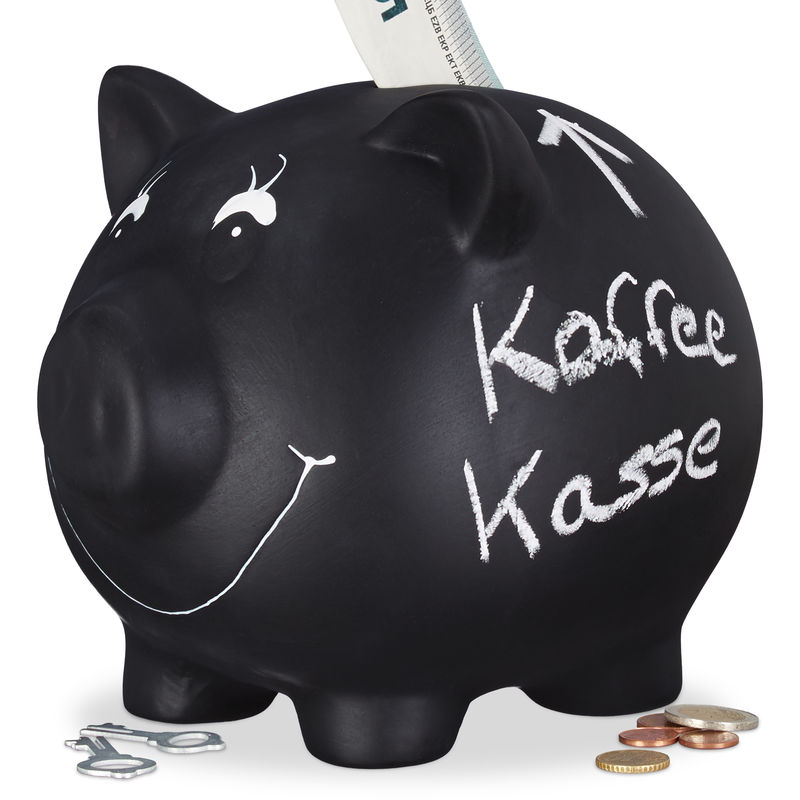 Sparschwein, zum Beschriften, Keramik, Kreide, Hochzeit, Geburtstag, Taufe, Spardose, 14 x 17 x 13 cm, schwarz - Relaxdays