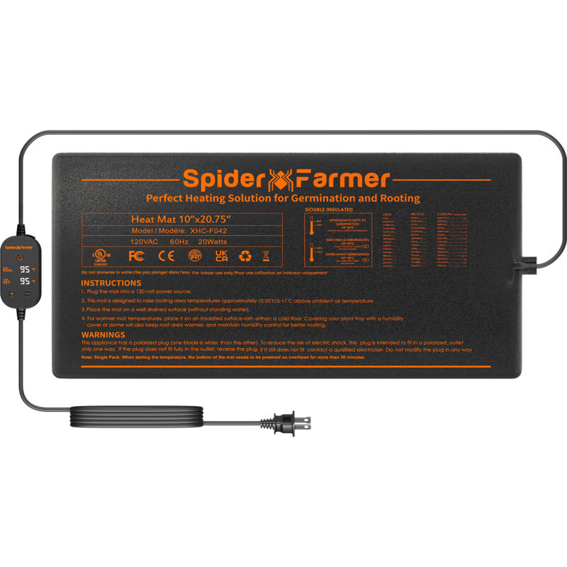 Spider Farmer - 52 x 25 cm Heizmatte für Setzlinge, Keimmatte mit Temperaturregler für den Indoor-Anbau