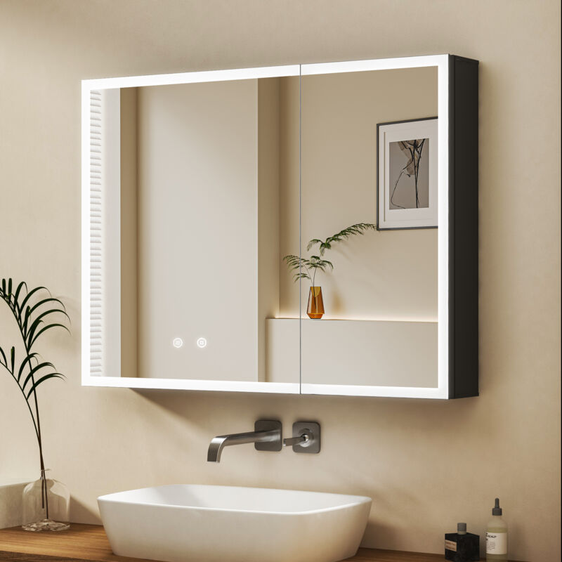 Spiegelschrank Bad mit Beleuchtung 80x60cm, LED Spiegelschrank Bad-Hängeschränke Medizinschrank mit Touch-Schalter, 3 Einstellbare Lichtfarben,