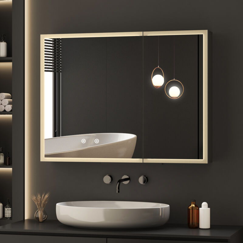 Boromal - Spiegelschrank Bad mit Beleuchtung 80x60x12,5cm, Badezimmer Spiegelschrank mit led Beleuchtung Metall Badezimmerschrank mit Dimmbar,